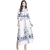 LAI MENG FIVE CATS Women's Floral Print Belt Maxi Dress Flowy Casual Button Up Split Loose Long Dress