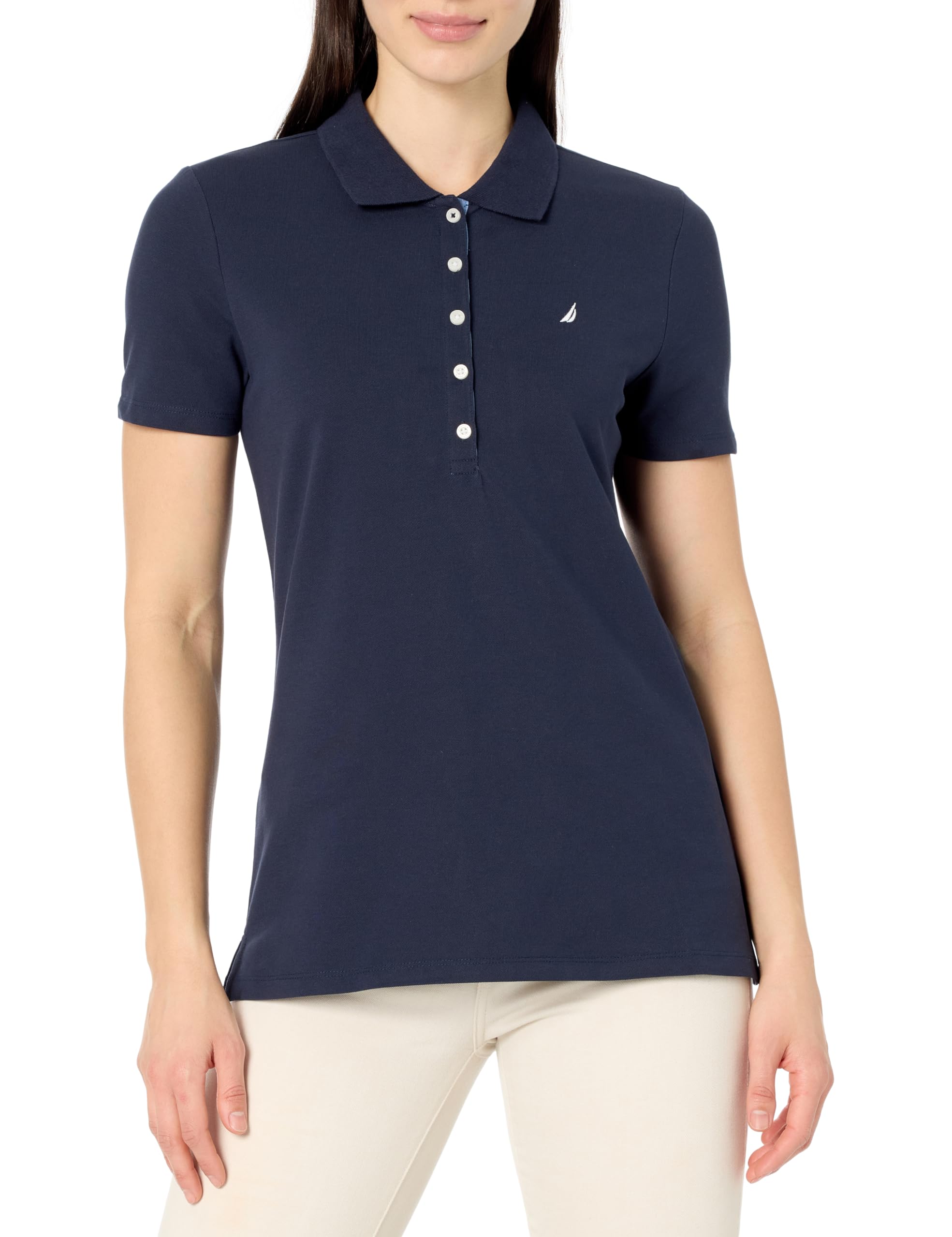 Nautica Women's Polo Short Sleeve Button Placket Polo, Night Sky, Medium Image