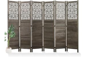 Svimi Folding Room Divider, 66.9 Inch 6 Panels Wood Carved Privacy Screens, Free Assembled Freestanding Portable Separation Wall for Home Office Restaurant Bedroom (Gray)