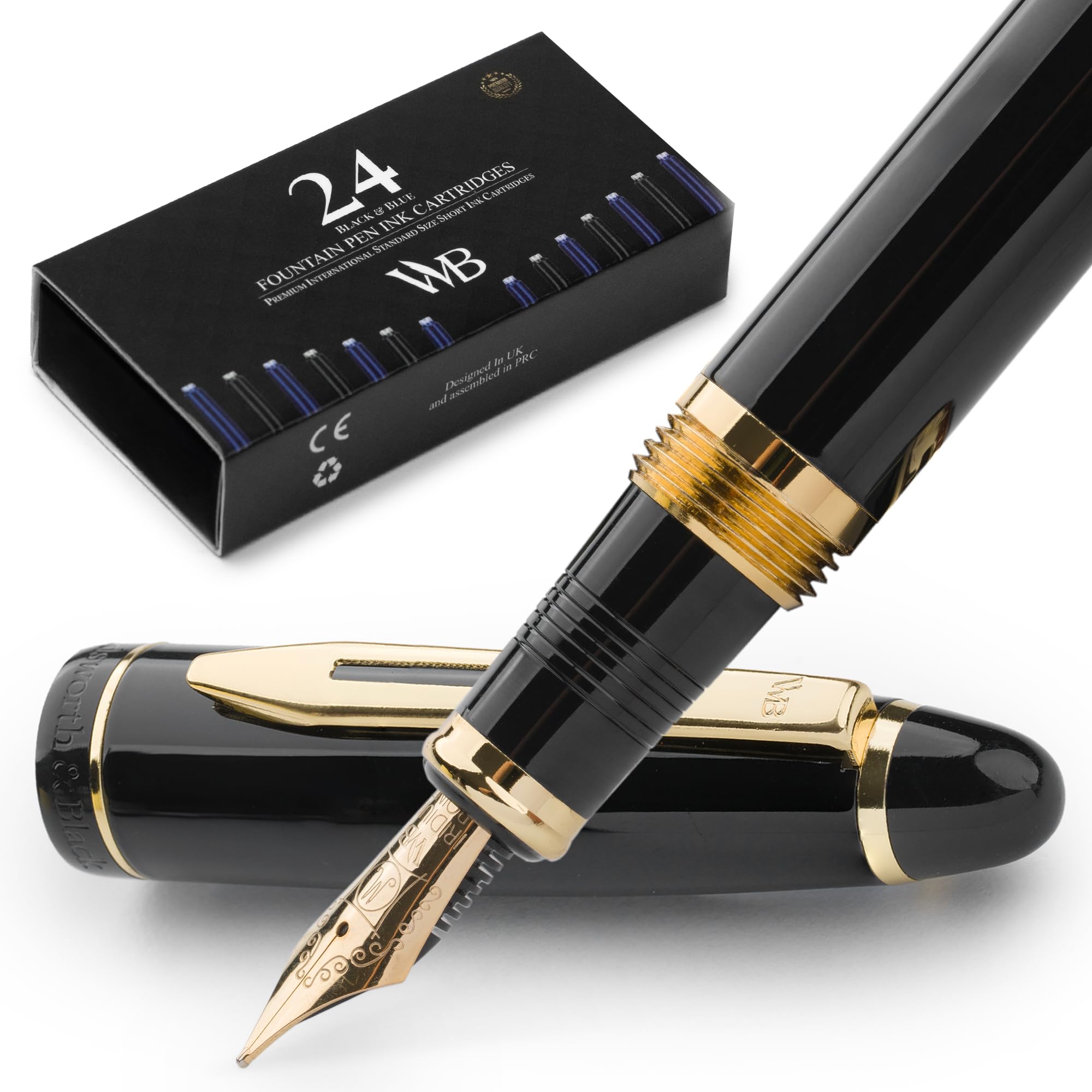 Wordsworth & Black Majesti Fountain Pen-(Black), Luxury Case, Gold Finish, 18K Gilded Medium Nib- Ink Cartridges, Refillable Ink Converter-Calligraphy Pen-Best Business Gift Set for Men & Women