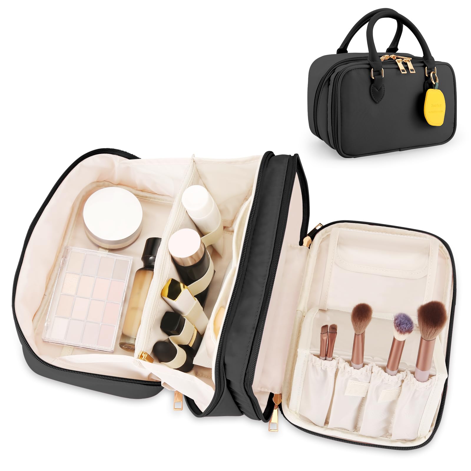 Photo 1 of Travel Makeup Bag for Women Fashion Large Capacity Pouch Open Flat Cosmetic Portable Organizer Waterproof Large Opening Storage Toiletry Bags Vertical Free-Standing Brush Holder for Easy Access Black