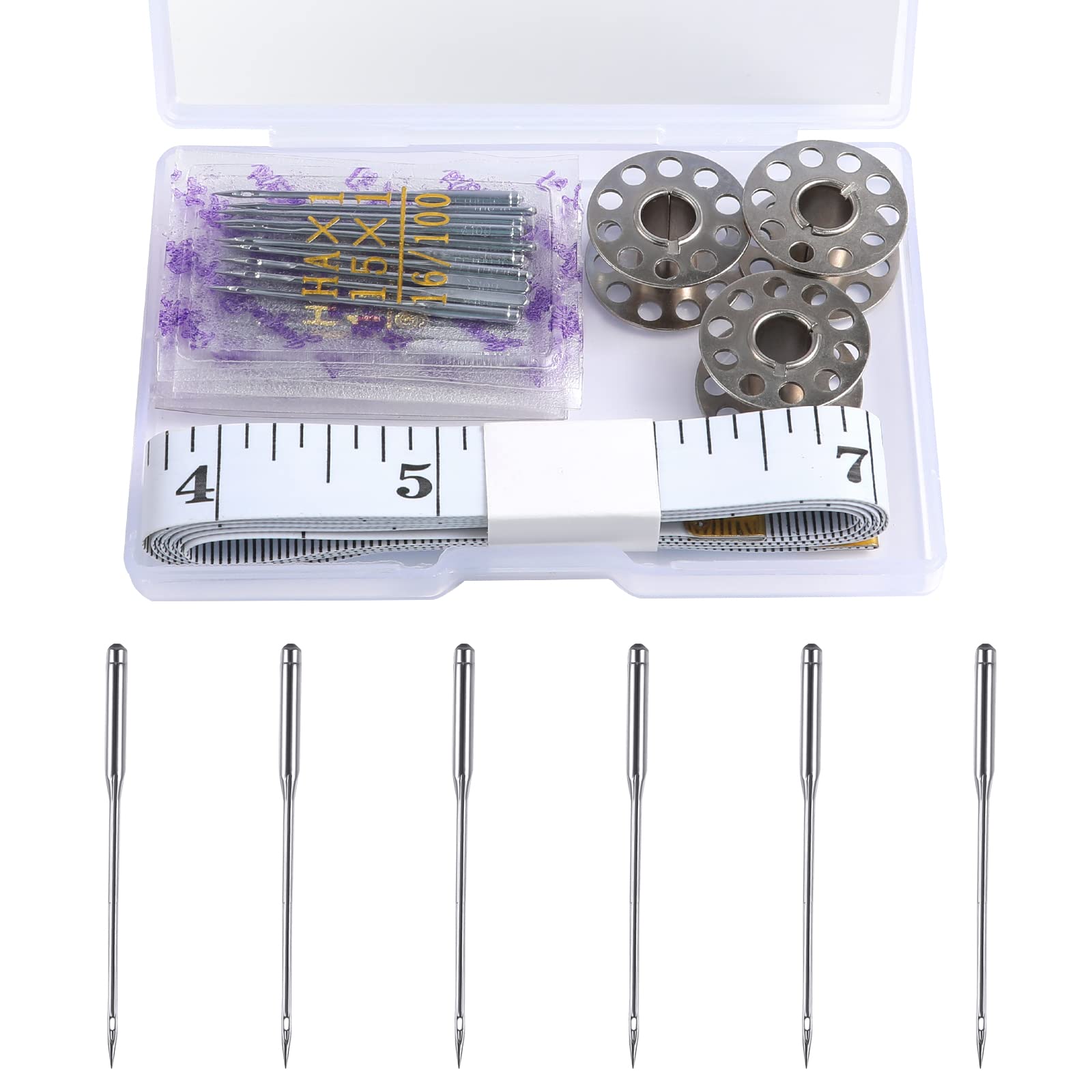 SAVITA Sewing Machine Needles Kit, 50 Pcs Universal Sewing Needles, 65/9 75/11 90/14 100/16 110/18 Heavy Duty Overlocker Needle Sewing Machine Accessories, with Bobbin and Soft Ruler