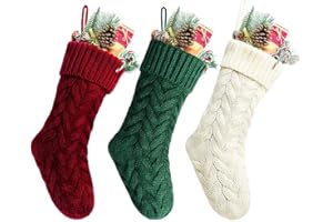 Kunyida 14 Inches Burgundy, Ivory, Green Knitted Christmas Stockings,3 Pack