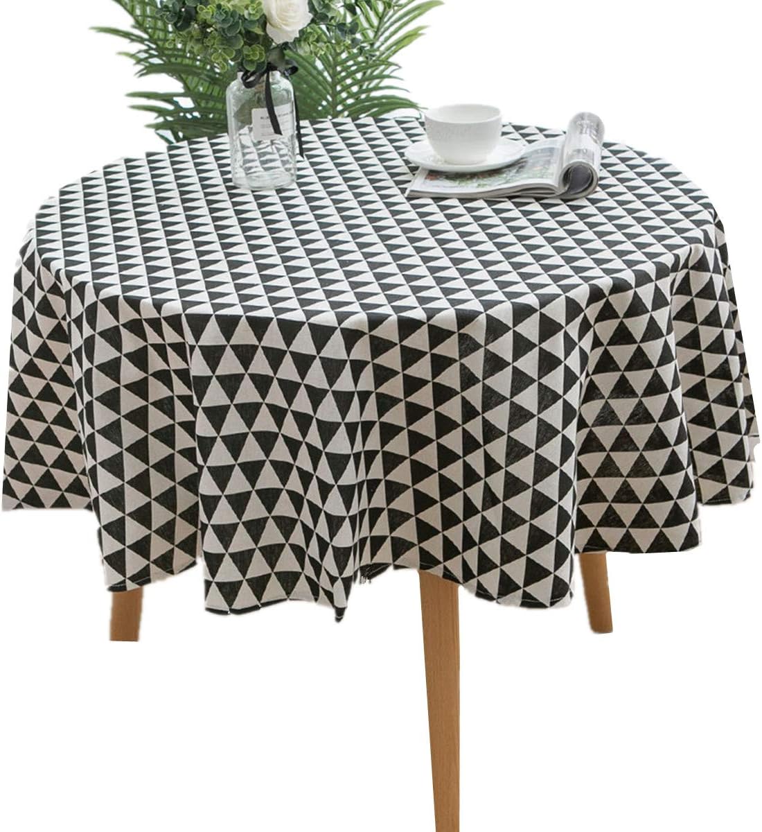 Round - 60" Tablecloth Cotton Linen Black Triangle Pattern Table Cloth for Home Tabletop Decoration