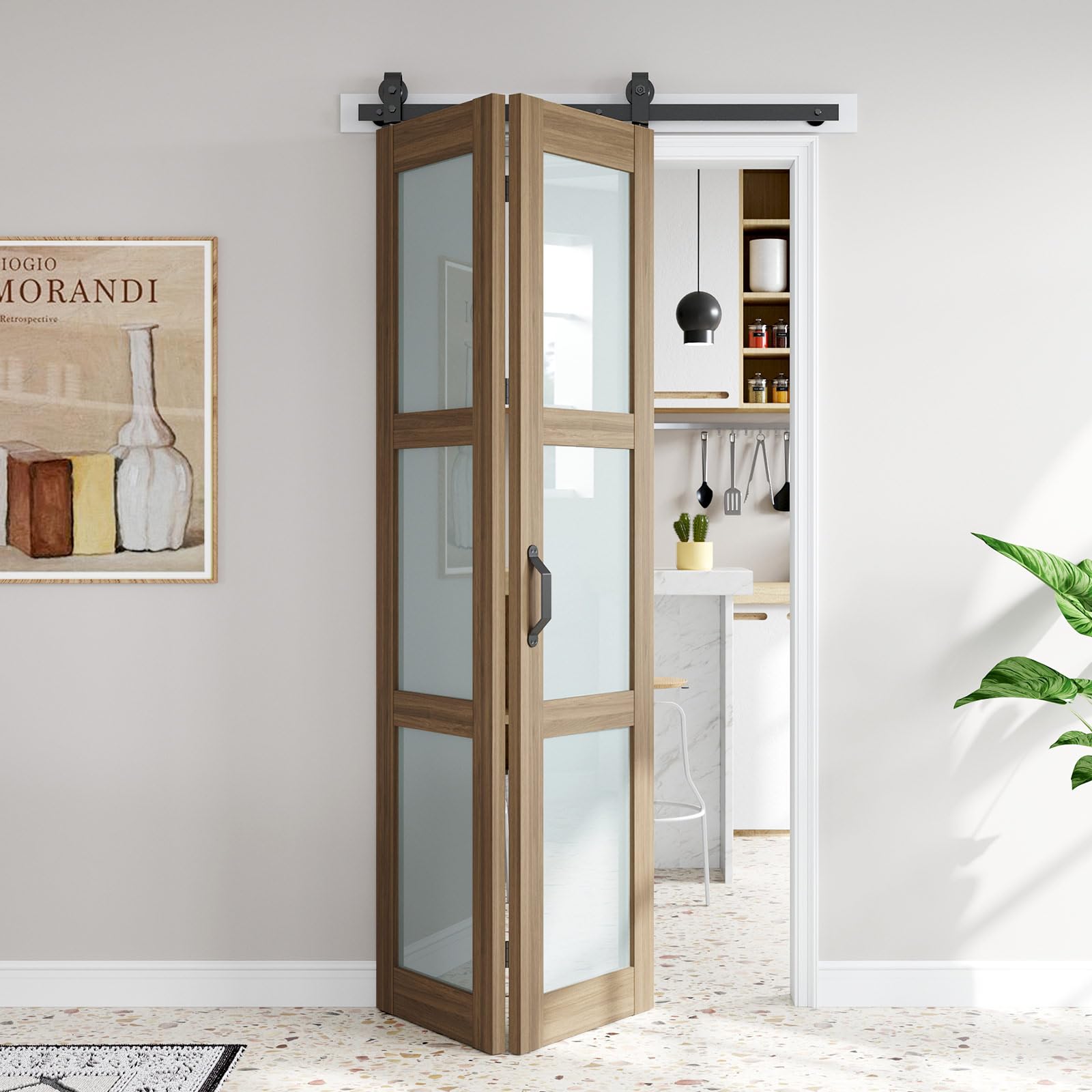 Photo 1 of FREDBECK 42X84(Double 21x84) Bifold Door Brown Sliding 3 Panels Frosted Glass Barn Doors with Hardware Kit Included, Water-Proof PVC Surface,Save Space for Bedroom,Bathroom,Assembly Required