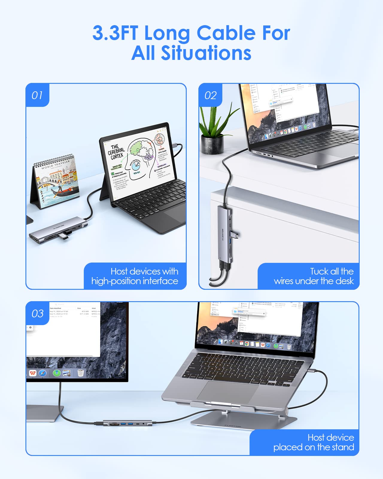 LENTION 3.3FT Long Cable USB C Hub with 4K HDMI, 2 USB 3.0, Card Reader, Aux, Type C Data/Charging Compatible 2024-2016 MacBook Pro, Mac Air/Surface, More, Stable Driver Adapter (CB-C37, Space Gray)