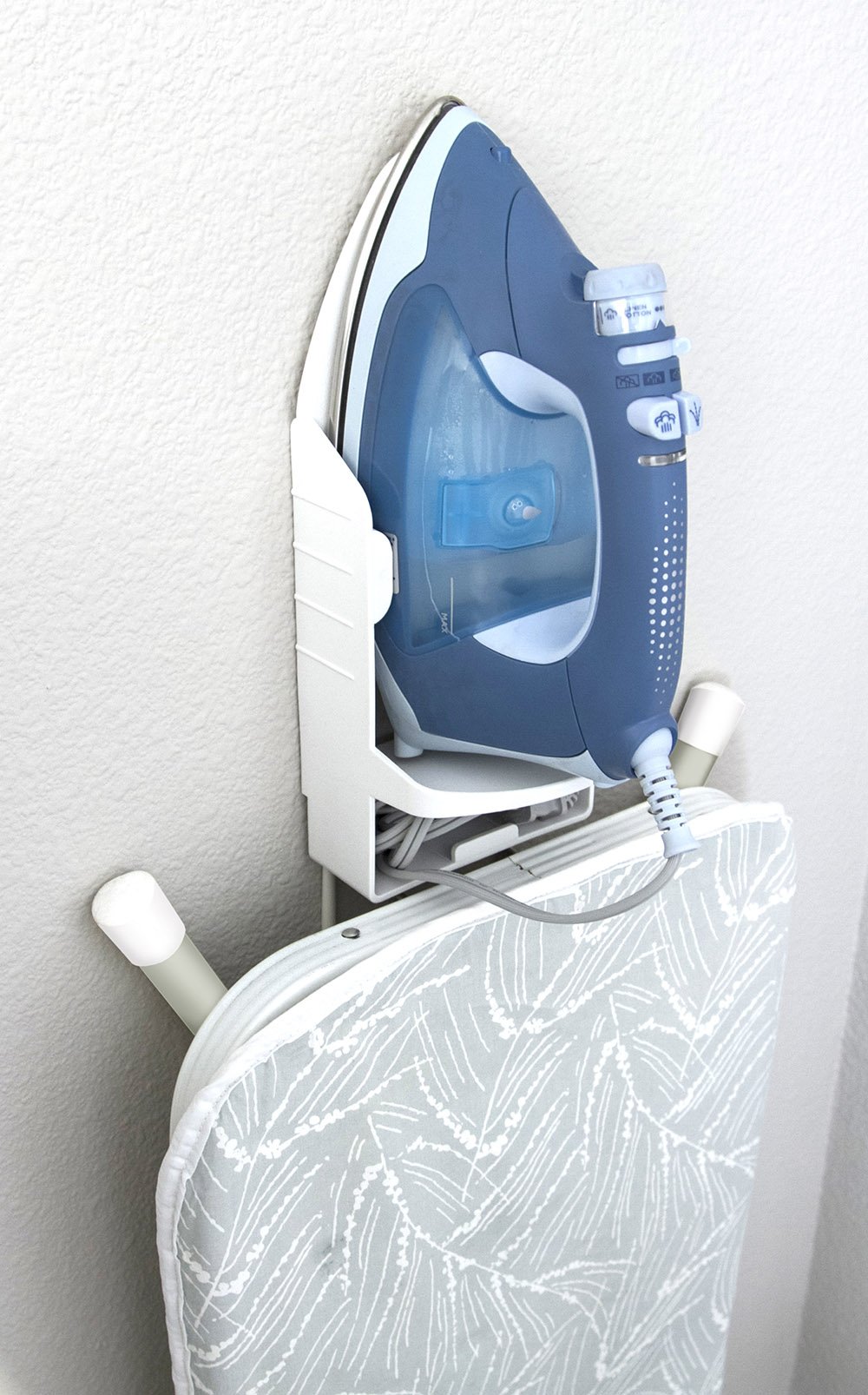 Sophisti-Clean Iron Board Laundry Room Organization and Storage with Hooks, White