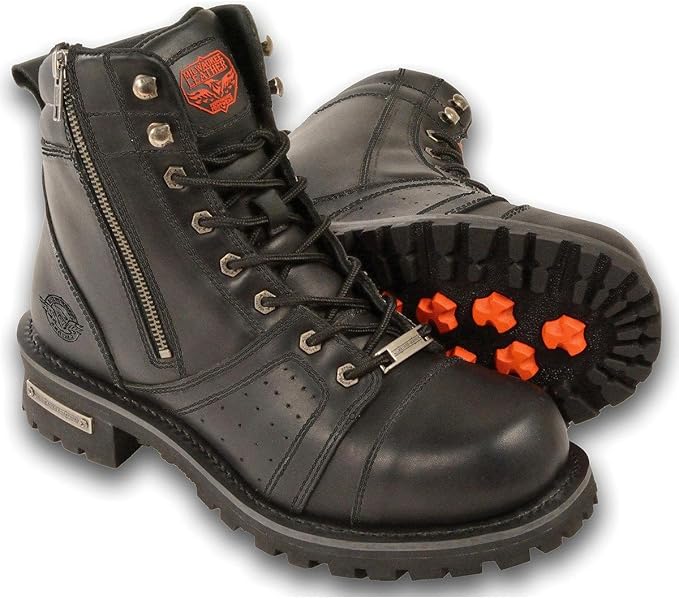 MEN'S MOTORCYCLE MOTORBIKE BOOTS PURE LEATHER 6 INCH ZIPPER PLAIN TOE