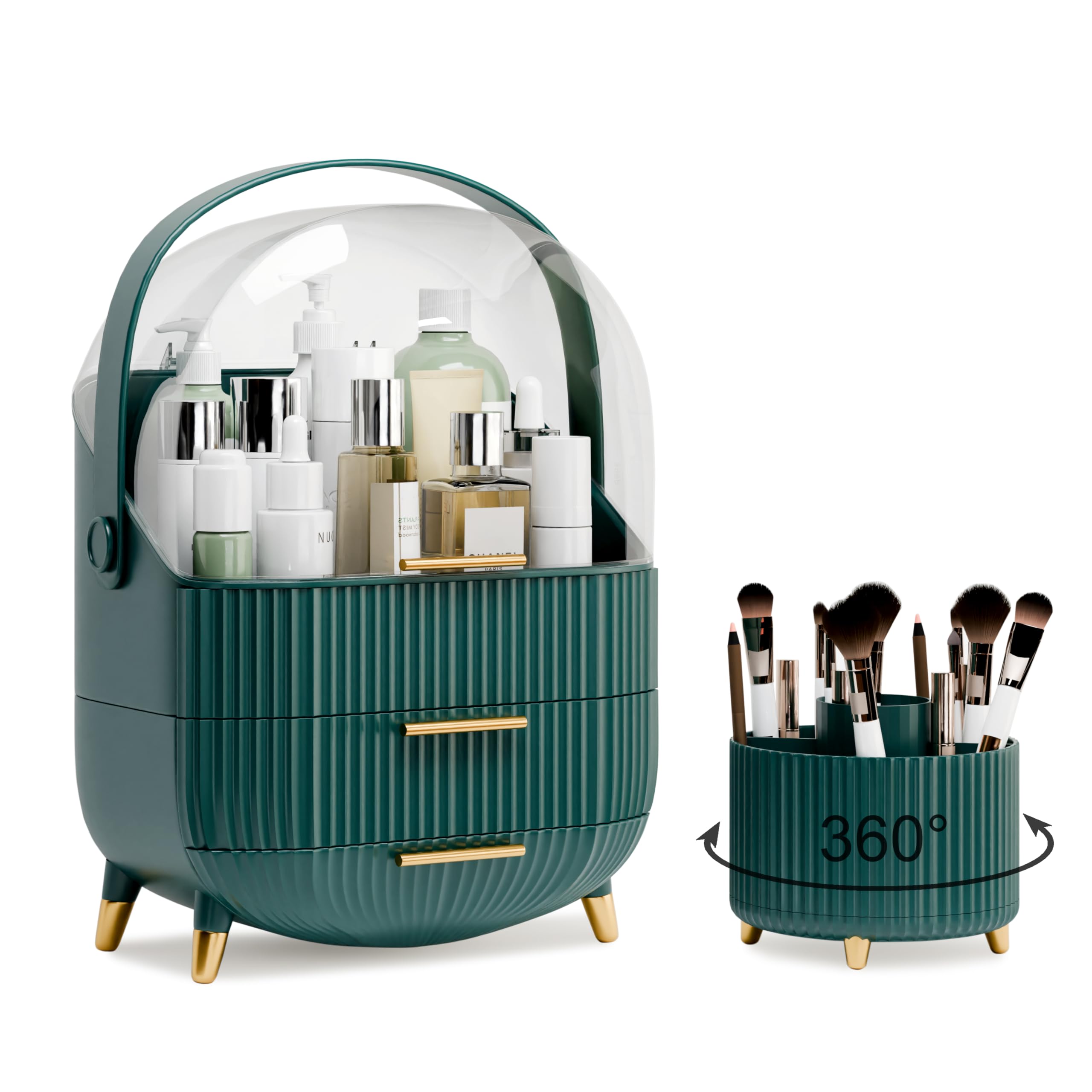 Photo 1 of Makeup Organizers and Storage Make up Organizer for Vanity Cosmetics Skincare With Lid and Drawers Display Cases for Countertop Bathroom Women Teenager Girl Gifts(Dark Green+Brush Holder)
