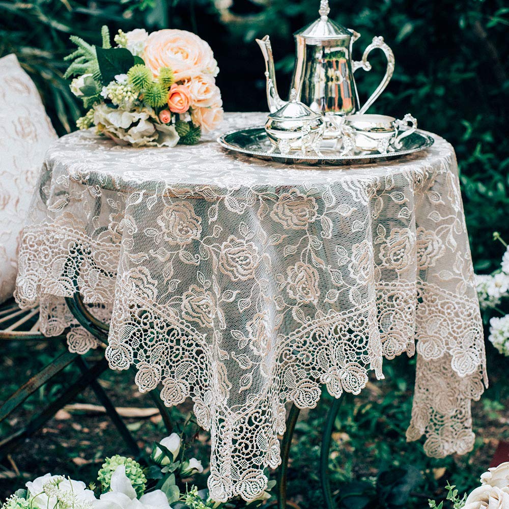 Photo 1 of ARTABLE Rectangle Small Table Cloth Lace Macrame Vintage Tablecloth Shabby Chic Embroidered Oblong Table Cover for Wedding Banquet Holiday Long Dinner Tables (Golden, 33" x 33")