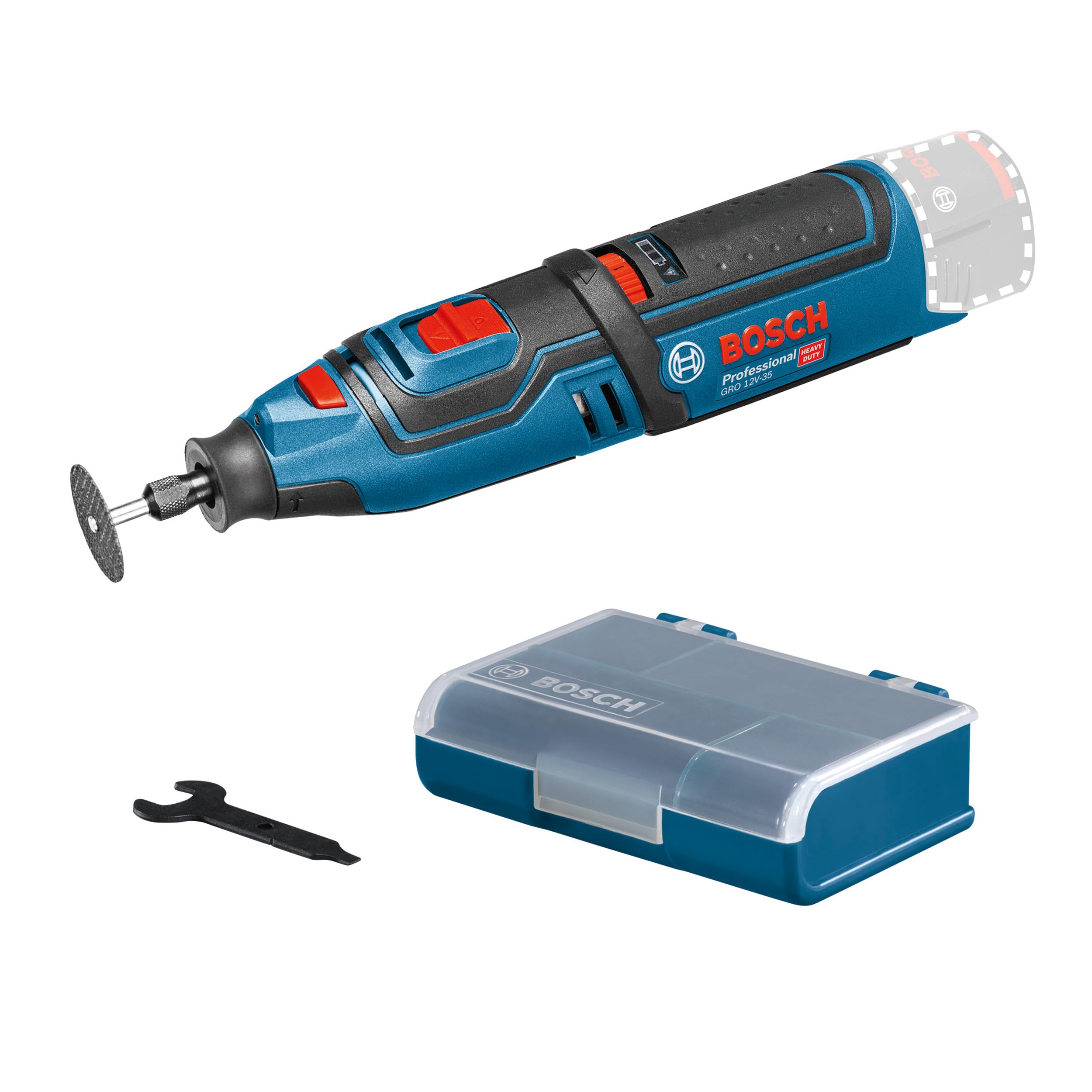 Bosch Professional 12V System GRO 12V-35 Cordless Rotary Tool (Without Battery/Charger, incl. Key, Collet, Cutting disc, Accessory Box, L-BOXX Inlay)