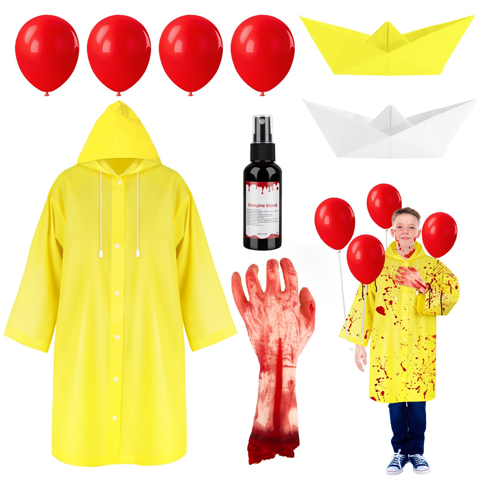 Photo 1 of 10 Pcs Halloween Costume Accessories Set Yellow Raincoat Jacket Balloon Fake Human Arm Hands Fake Blood Halloween Cosplay