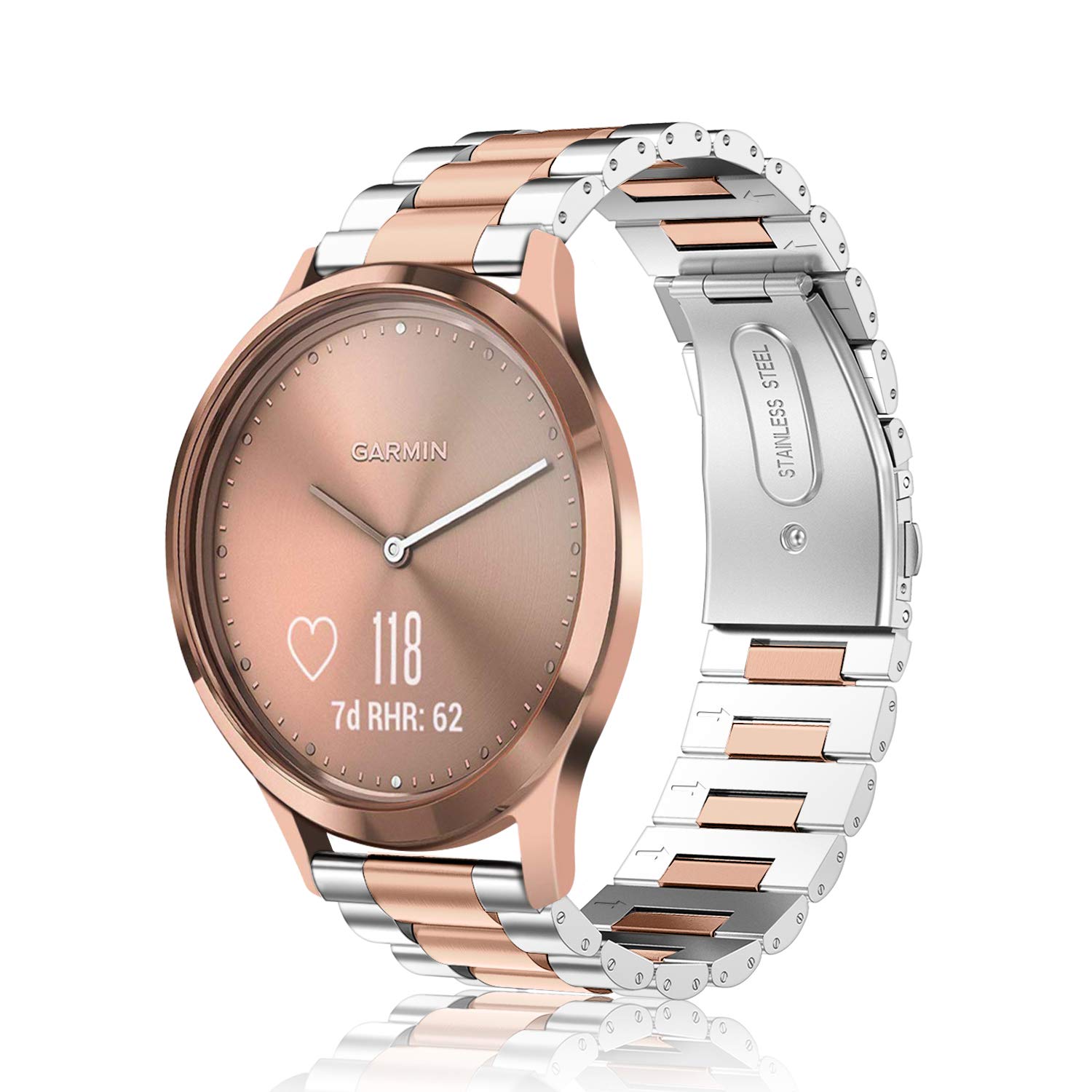 Fintie Band for Garmin Vivoactive 3 Music/Vívomove HR/Forerunner 245 / Forerunner 645 Music, 20mm Quick Release Stainless Steel Metal Replacement Strap Wrist Bands, Rose Gold & Silver