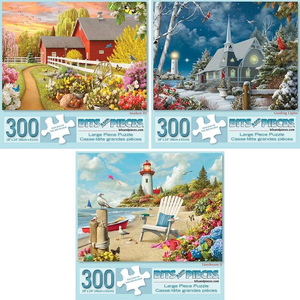 Bits and Pieces - Value Set of Three (3) 300 Piece Jigsaw Puzzles for Adults - Each Puzzle Measures 46cm x 61cm - Awaken, Guiding Lights, and Daydream Jigsaws by Artist Alan Giana