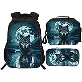 Klymax Wolf Backpack Animals Kids Schoolbag with Lunch Box Bag Pencil Bag 3pcs Bookbag Sets for Boys Girls