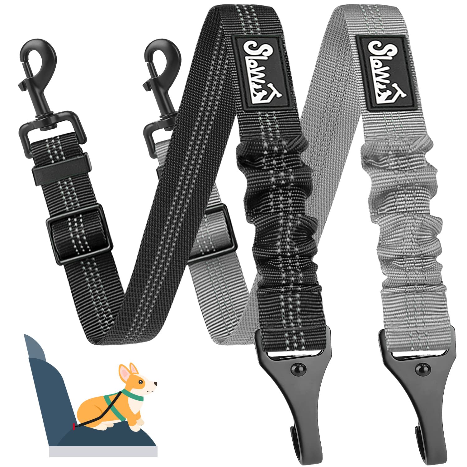 SlowTon 2 Pack Dog Seat Belts - Latch Bar Attachment, Metal Buckle, Adjustable Elastic Safety Belt Tether for Small, Medium, Large Dogs