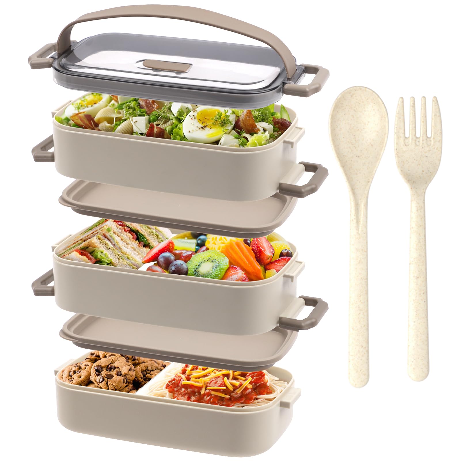 OITUGG Lunch box - Premium 3 Layer Bento Lunch Box for Adults Work - 2200ml Lunchbox with Cutlery and 3 Pcs Compartment Adjustable, leak-proof, BPA-Free, Microwaveable, 19.5 x 11.2 x 15cm, Beige