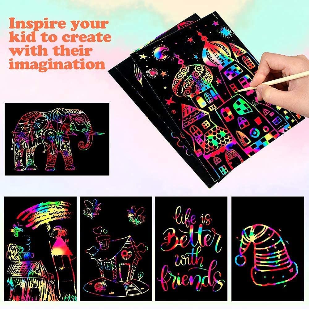 Mocoosy 60 Pcs Rainbow Scratch Art Paper for Kids, Magic Scratch Paper Set Art and Craft Kit, Black Scratch Sheets for Party Game Activities Birthday Gifts Toys Girls Boys 3 4 5 6 7 8 9 10 Years Old