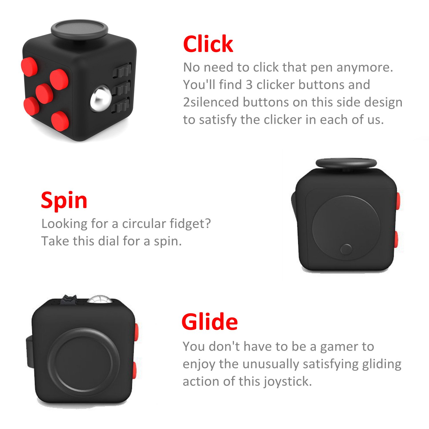 Amteker Fidget Cube Fidget Toy Anxiety Attention Stress Relief, and Break Nervous Habits for Children and Adults (Black and Red)