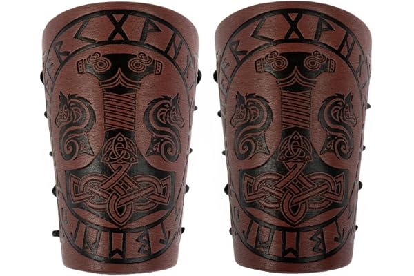 Viking Bracers,Leather Armor Cuffs Thor's Hammer Embossed Norse Arm gauntlets Medieval Gauntlet Wristband LARP Archery
