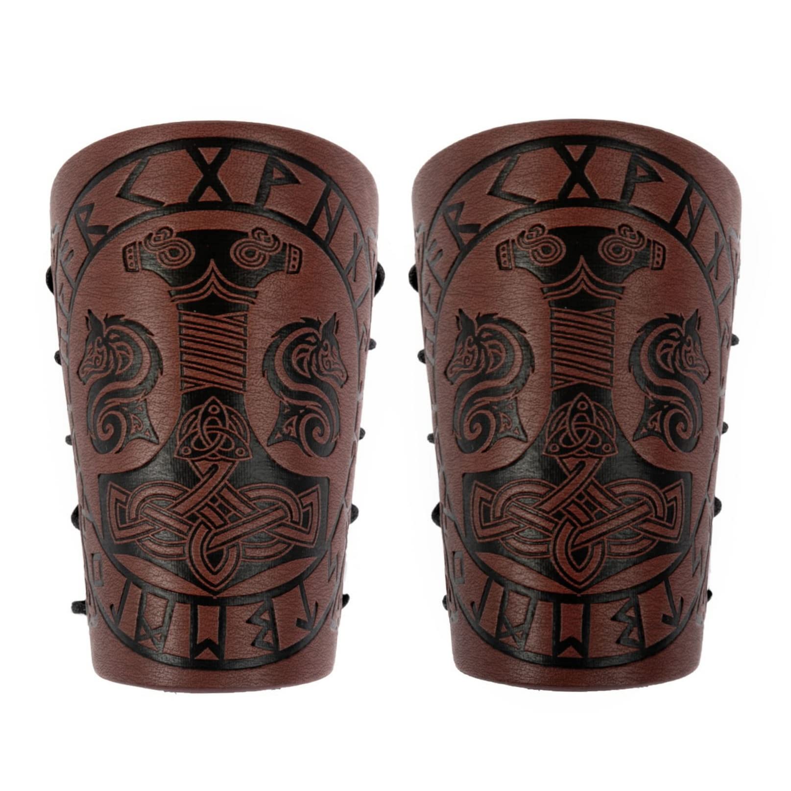 Viking Bracers,Leather Armor Cuffs Retro Embossed Norse Arm gauntlets Medieval Gauntlet Wristband LARP Archery Viking Costume Accessories Men (Brown)