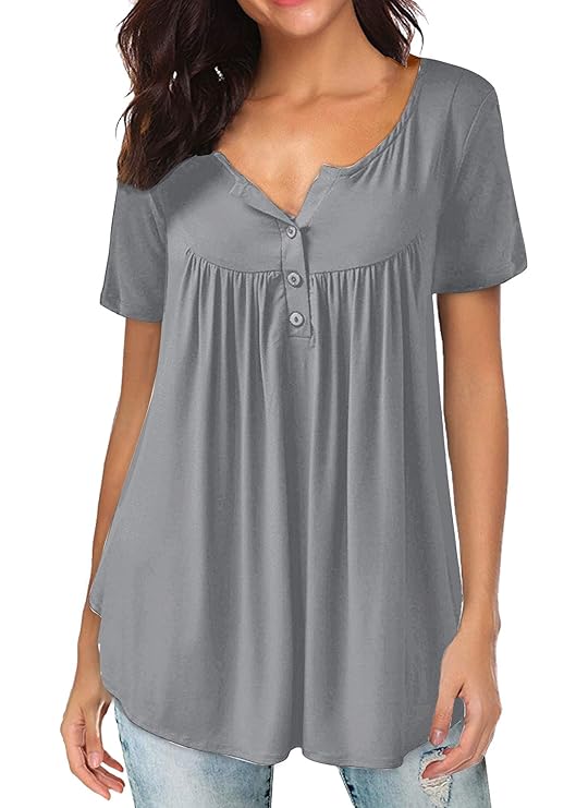 Aitos Tunika Sommer Tops Damen Kurzarm Basic Uni Leichtes Freizeit Rundhals mit Knopf Plissee T-Shirt Oberteile