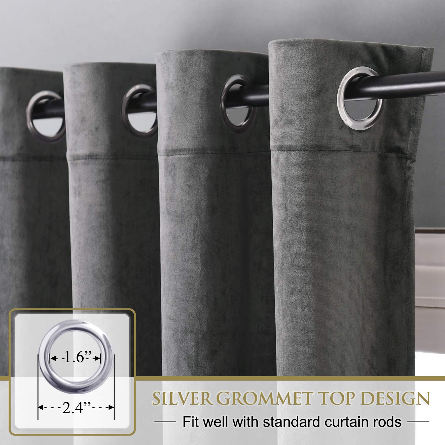 StangH Grey Velvet Curtains for Living Room - 96 inches Long Light Blocking Velvet Curtain Panels Privacy Grommet Window Drapes for Bedroom/Sliding Glass Door, W52 by L96 inches, 2 Panels