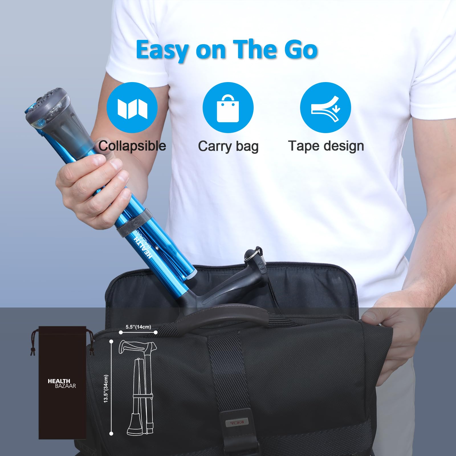 HEALTHBAZAAR All Terrain Walking Cane for Men & Women, Lightweight, Foldable, Adjustable, Shock Absorption, Collapsible, Air Cushion Cane Tip Walking Stick for Seniors & Adults