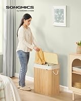 SONGMICS 100 L Laundry Basket with Lid, 2 Compartments, Bamboo, Foldable view 2