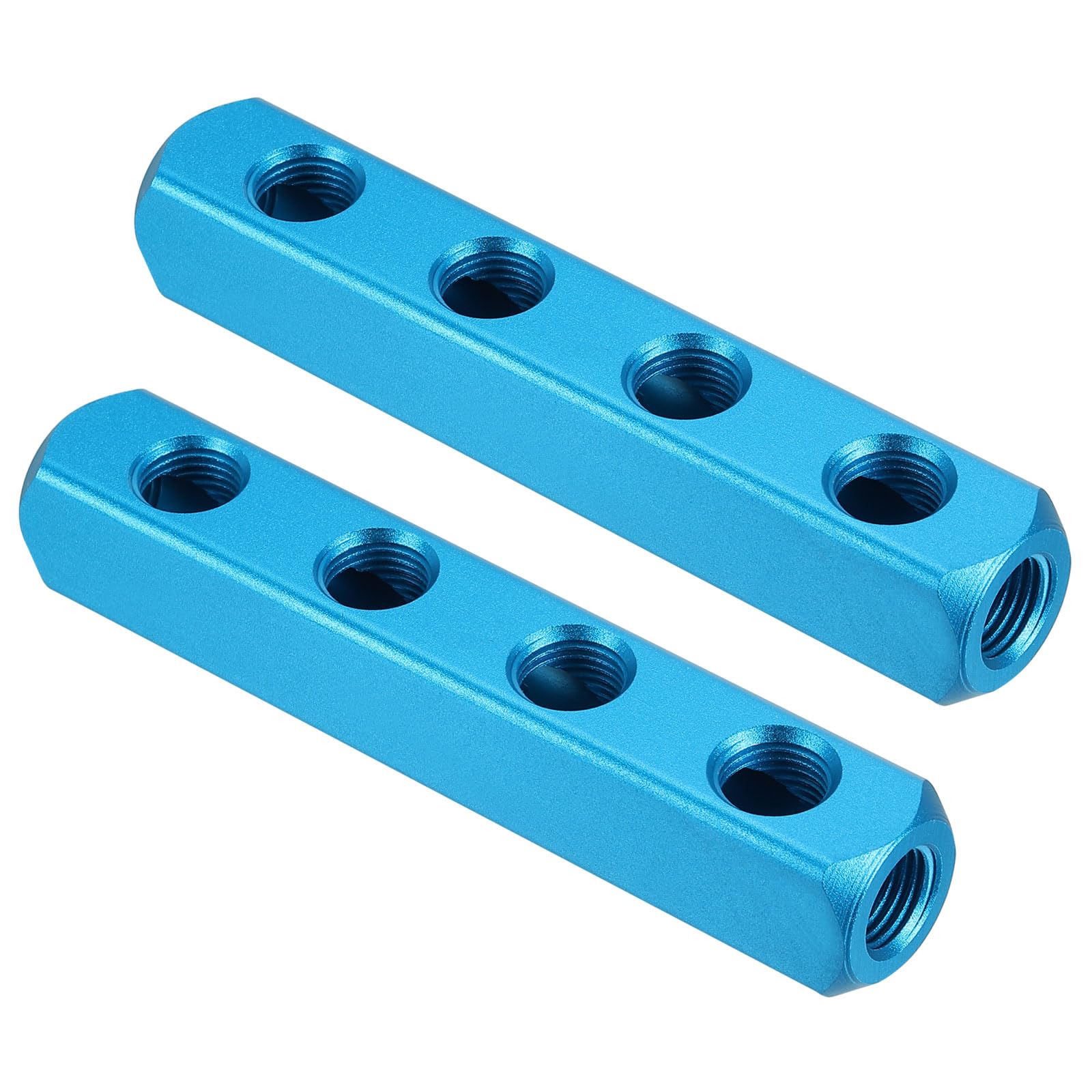 PATIKIL 4 Way 7 Port Air Manifold, 2 Pack G1/4 Inch Aluminum Air Hose Inline Manifold Block Splitter Pneumatic Air Hose Fitting, Blue