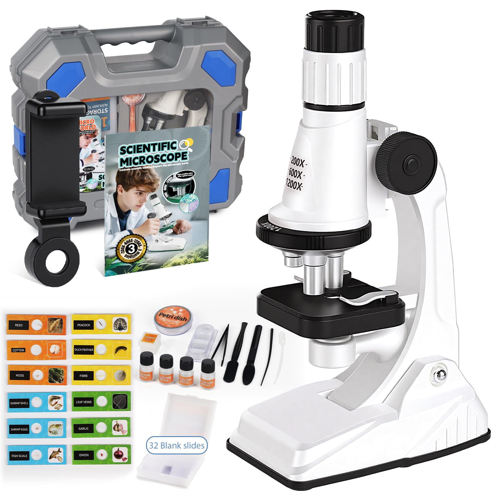 Photo 1 of 61 Piece Kids Microscope Kit, 100X-1200X Magnification with LED Light | Durable Metal Body, Slides & Carrying Box | STEM Biology Science Kit, Educational Gift for Children Ages 6-12