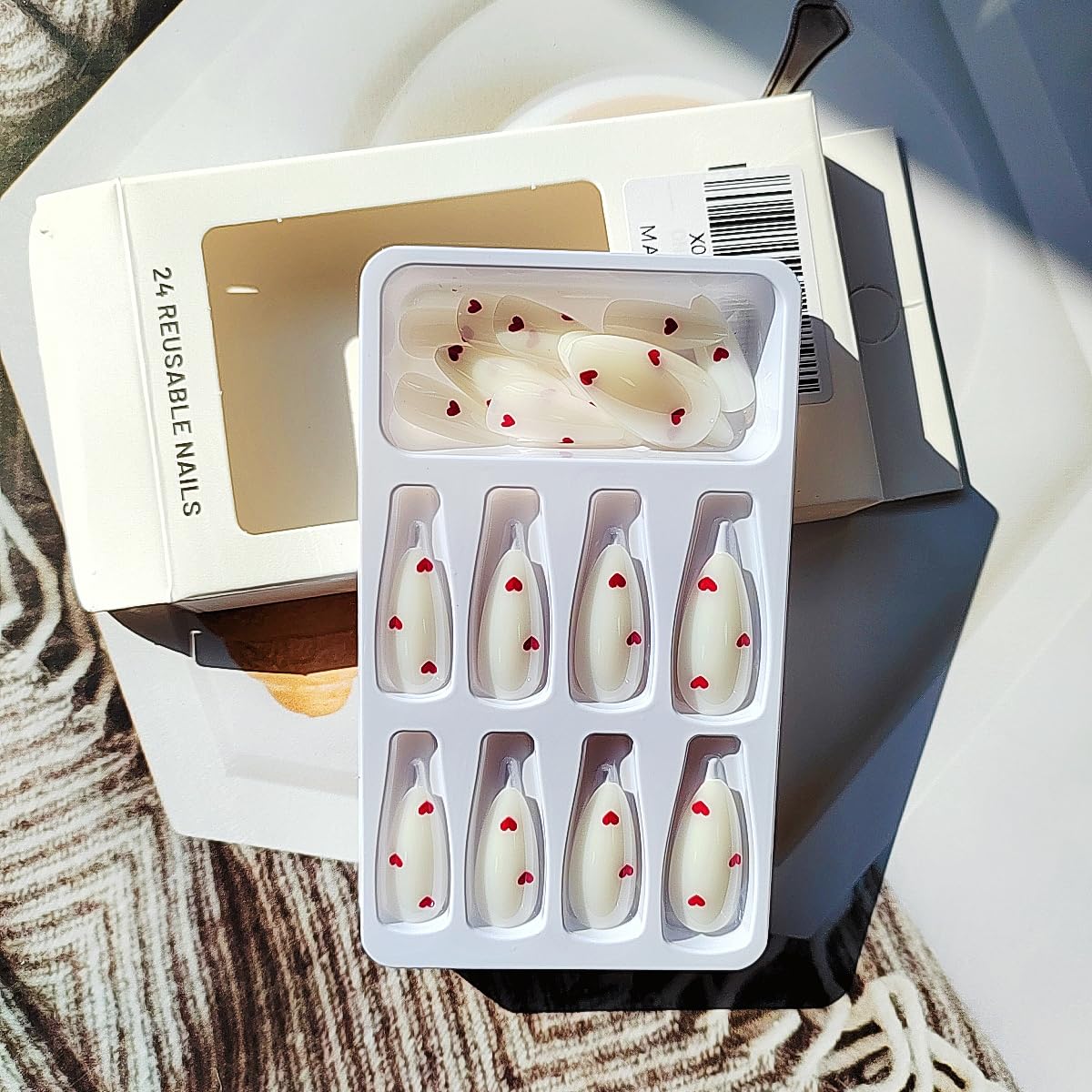 24Pcs Valentines Milky White Press on Nails Medium Almond Fake Nails with Red Heart Design False Nails Valentines Cute Acrylic Stick Glue on Nails for Women Girlfriend Gift - Image 6