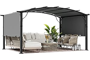 HAPPATIO 12' x12' Outdoor Retractable Pergola, Aluminum Pergola with Canopy Fixed in Various Positions, Arched Roof with Sun Shade Canopy Metal Frame for Backyards, Gardens, Patios (Grey)