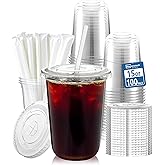 Homestockplus 15 oz Clear PET Plastic Cups with Lids and Straws - 100 Pack Leak-Proof Disposable Plastic Coffee Cups Iced Coffee Cups for Smoothies, Bubble Tea & To-Go Cold Drinks