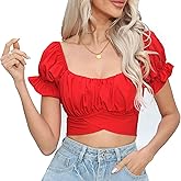COOUFE Women's Crop Tops Ruffle Short Sleeve Tie Back Off Shoulder Blouse | square neck tops for women, short sleeve crop top women, Slim Fit Tops, going out tops, summer vacation basic tops