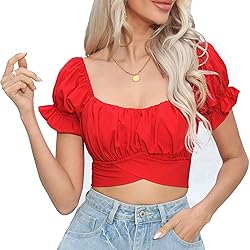 COOUFE Women's Crop Tops Ruffle Short Sleeve Tie