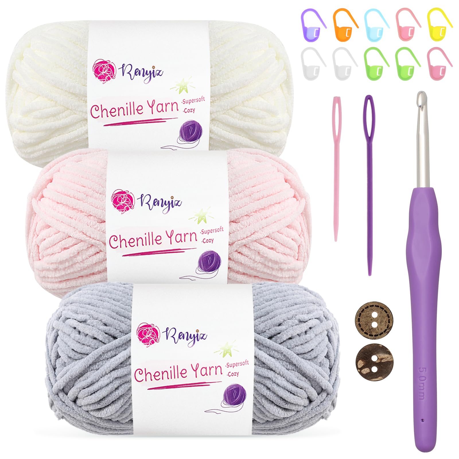 Renyiz Chunky Chenille Yarn for Crochet Fluffy Baby Blanket Yarn 3x50g Soft Fluffy Wool with 5mm Crochet Hook Amigurumi Crochet Yarn for Beginners (White-3) — image 1