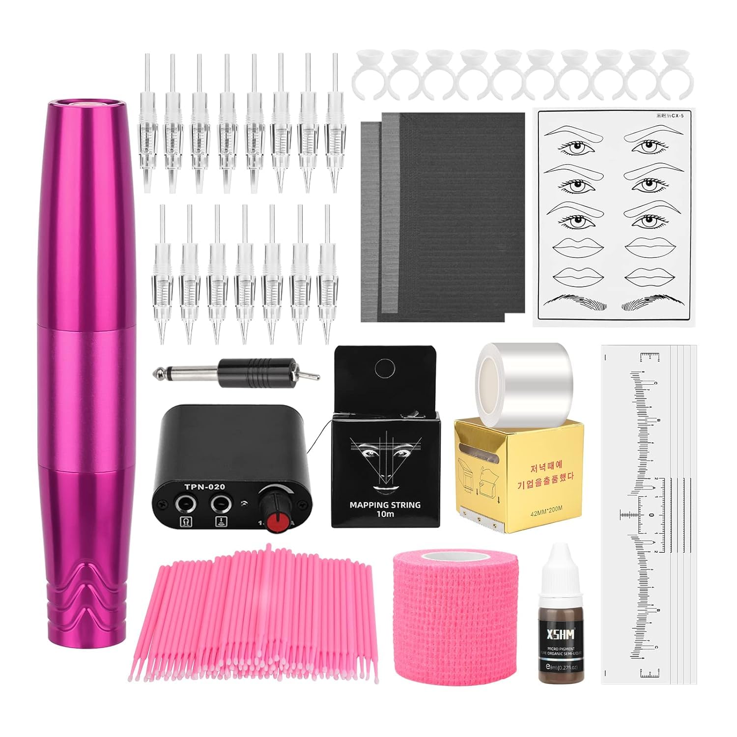 ATOMUS Rose Red Permanent Eyebrow Tattoo Machine Set Eyebrow Tattoo Pen Kit with 15pcs Needles Mapping String Pigment for Eyebrow Lip Eyeliner Tattoo Micro-blading