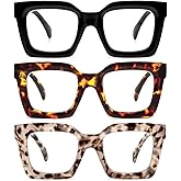 REAVEE 3 Pack Thick Frame Oversized Reading Glasses for Women Blue Light Blocking Computer stylish Readers with Spring Hinge