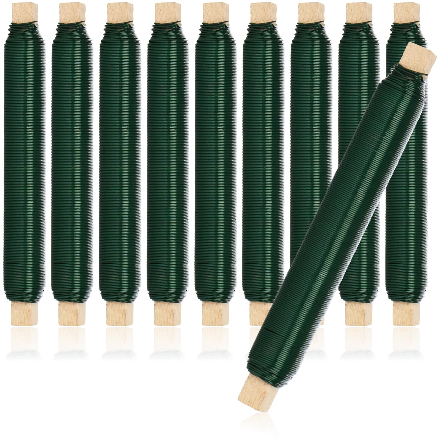 com-four® 10x Flower wrapping wire set - Green binding wire wound on a wooden stick - Thickness 0,65 mm, 1000 g (Green - 10 pieces)