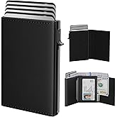 typecase Mens Wallet Card Holder: Pop Up Aluminum Case, Genuine Leather, Smart, RFID Blocking, Slim, Minimalist, Front Pocket - 9-14 Card Capacity | ID Window | Cash Slot (Deep Black)