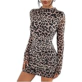 WDIRARA Women's Leopard Print Ruched Bodycon Mini Dress Mock Neck Long Sleeve Dresses