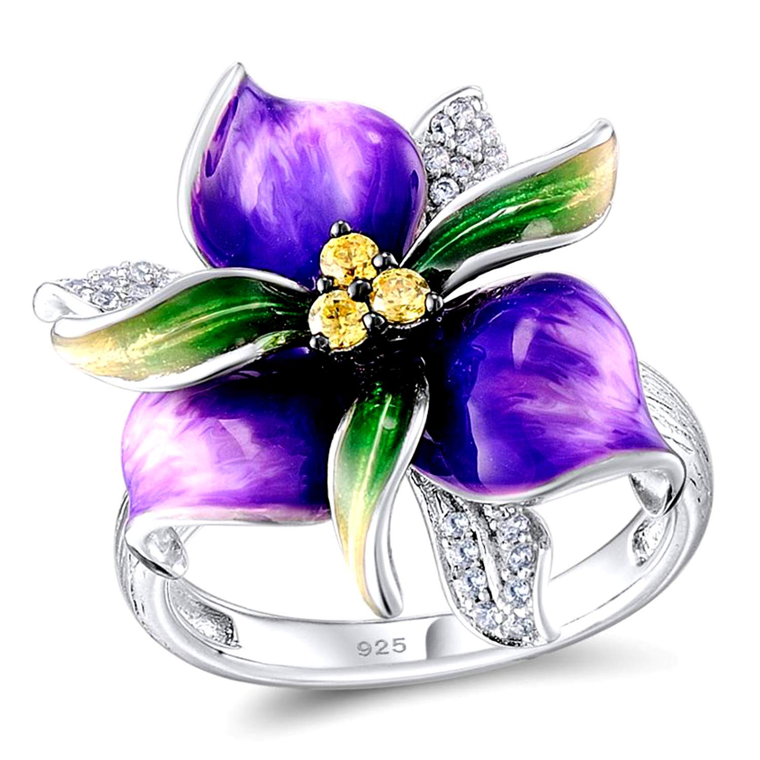 Uloveido Elegant Purple Flower Statement Rings White Gold Plated Cubic Zirconia Rings for Women Engagement Evening Anniversary Violet Flower Jewelry Rings for Girls Size L RA601