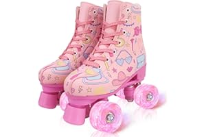jessie Girl Roller Skates for Kid, PU Leather Flash Rainbow Adjustable Roller Skates Girls Ages 5-12 Four-Wheel Beginner Adult Indoor Outdoor