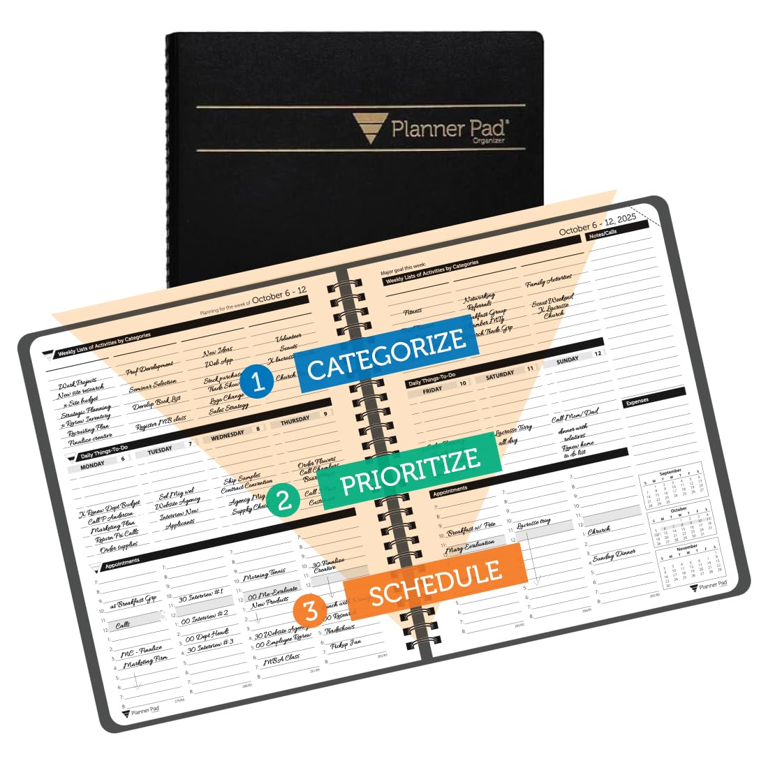 Planner Pad Spiral Bound 3-Tier Funnel Down 12 Month Organizer, October 2025 – September 2026, Black Cover/Black Ink, 6 3/4" x 8 1/2" Image