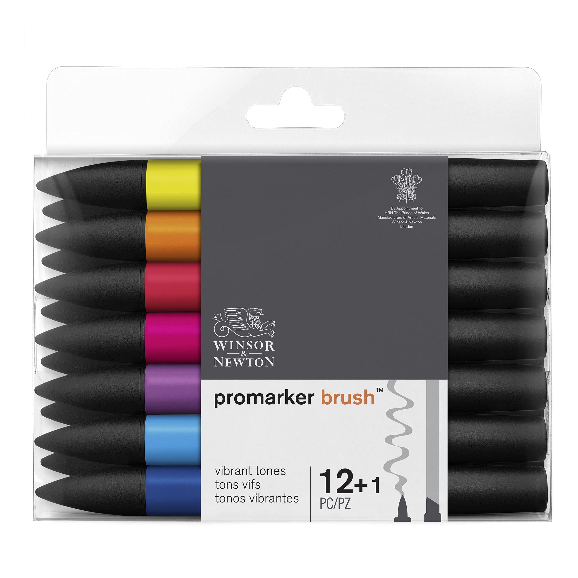 Winsor & Newton, Promarker Brush, Vibrant Tones, Set of 12 + 1 Blender, Alcohol Based Dual Tip Markers