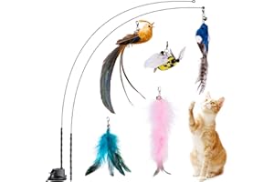JXFUKAL Cat Feather Toys, Interactive Cat Toy with Super Suction Cup, 2PCS Springy Cat Wand & 5PCS Teaser Refills Replacement with Bells, Kitty Kitten Toys Cat Spring String Toy Cat Accessories
