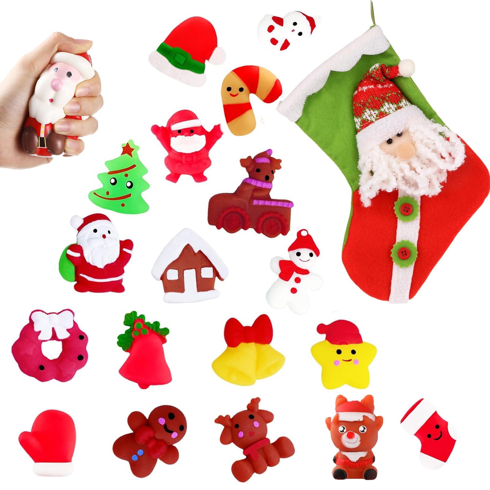 ​Christmas Mochi Squishy Toys,18Pcs Xmax Fidget Toys Stress Squeeze Toy for Kids, Mini Kawaii Moji Squishies Soft Fidget Toy Pack for Xmas Party Bags Fillers Girls Boys Kids Treats Party Favors Gifts