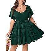 SHESTARR Womens Plus Size Casual Mini Dress Sweetheart Neckline Short Flutter Sleeve Smocked A Line Tiered Ruffle Dresses