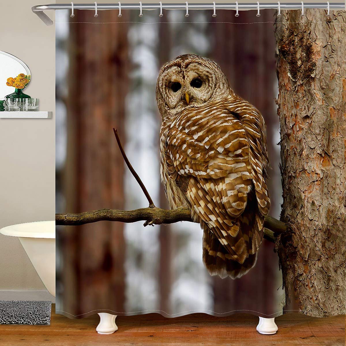 Loussiesd Owl Shower Curtain Cute Owl Bathroom Shower Curtain Set for Kids Adult Tree Branches Bath Curtain 3D Animal Bird Waterproof Bathroom Curtains 180x180cm